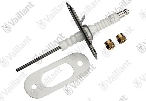 Vaillant Elektrode zur Überwachung, weißer keramischer Teil mit metallischen und Kunststoffkomponenten, inklusive zwei Verbindungselemente und einer Dichtung.